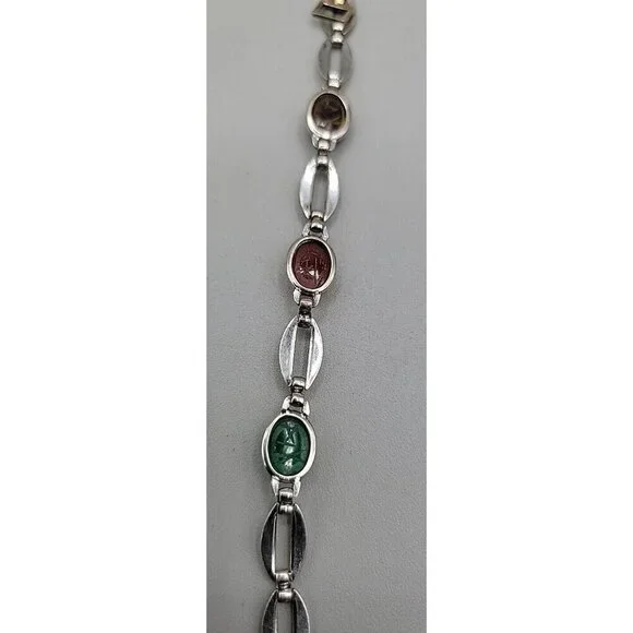 14k W. E. Richards Co. Symmetalic Sterling & Scarab Bracelet 6" Gemstones 1940s - Picture 14 of 15